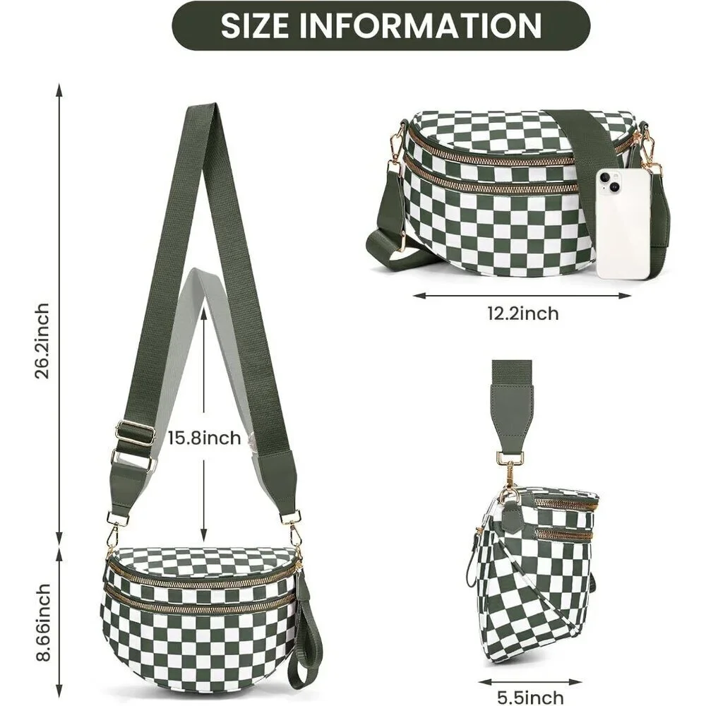 Checkered Nylon Crossbody Bag for Women Adjustable Strap Waterproof